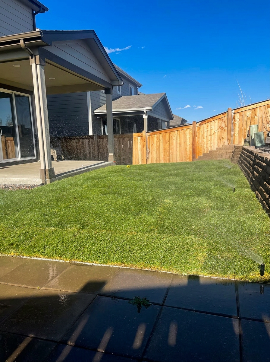 Backyard landscaping with fresh sod, retaining wall, and cedar fence installed in Colorado