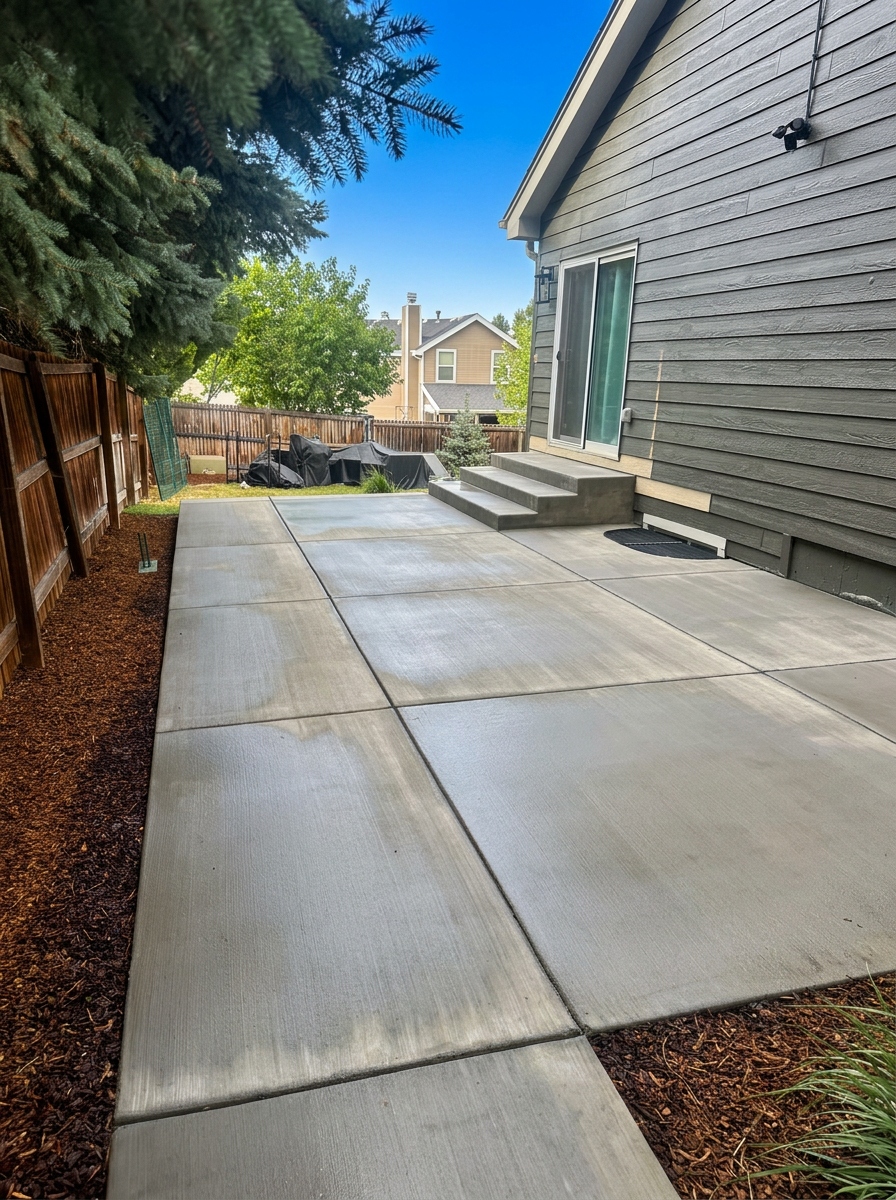 Large poured concrete patio alongside a home, completed by a Colorado landscaping contractor
