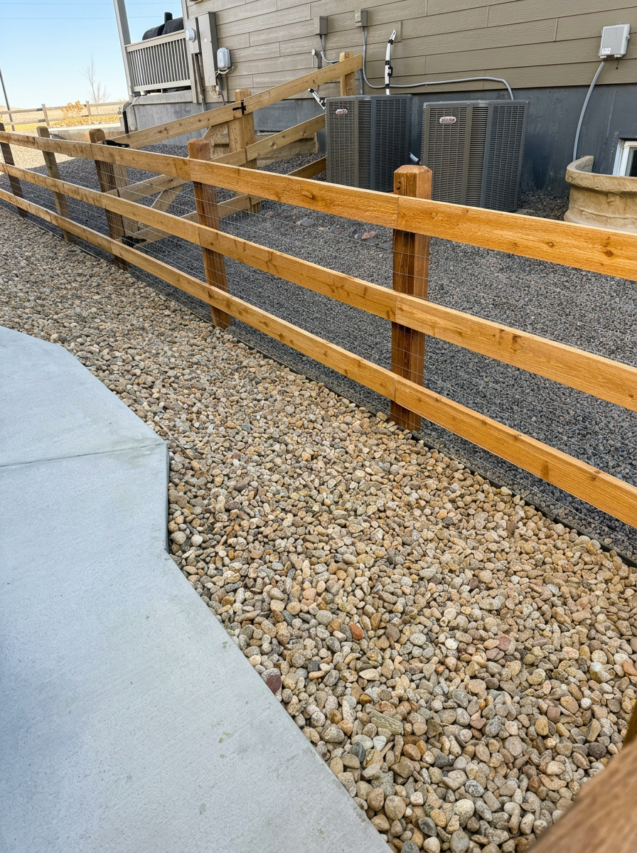 Custom cedar fence with river-rock landscaping border installed for a Colorado property