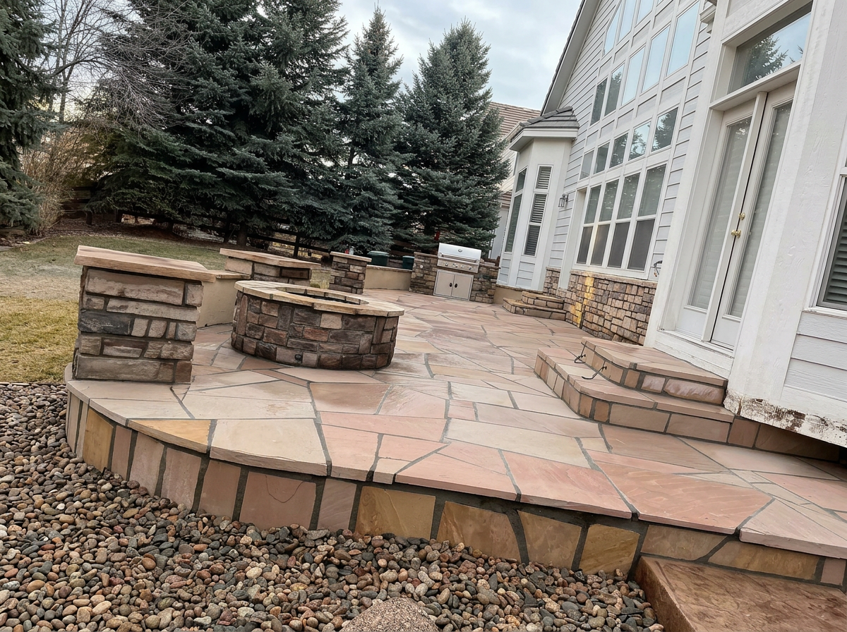 Custom sandstone patio with circular stone fire pit and outdoor kitchen built by R&R Landscaping in Colorado