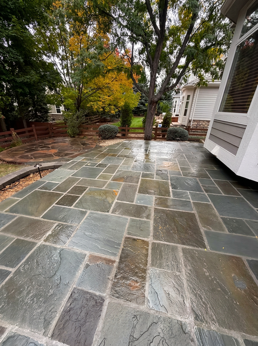 Wet flagstone patio with rich slate tones and surrounding mature trees at a Colorado residence