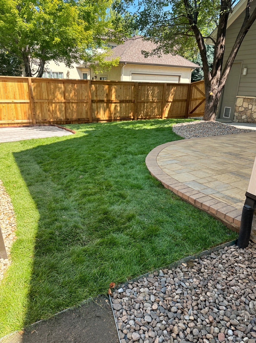 Curved paver patio with manicured sod lawn and river-rock edging in a Colorado backyard