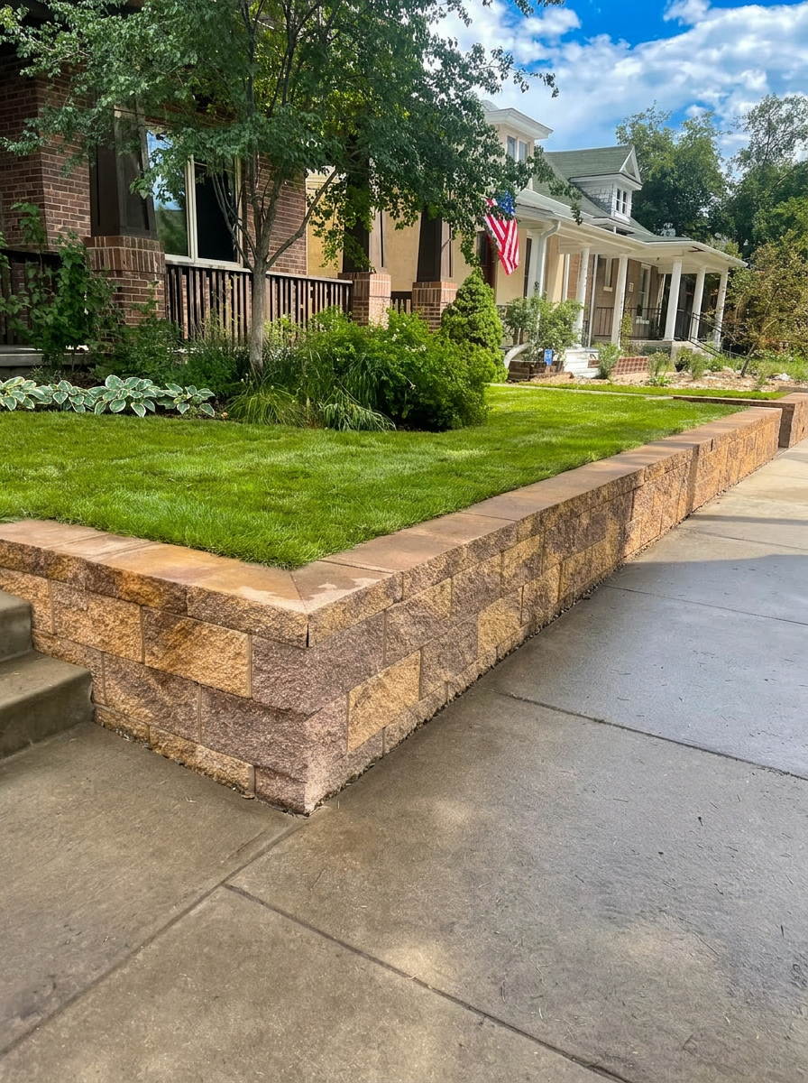 Raised front yard with tan block retaining wall and fresh lawn for a Colorado home
