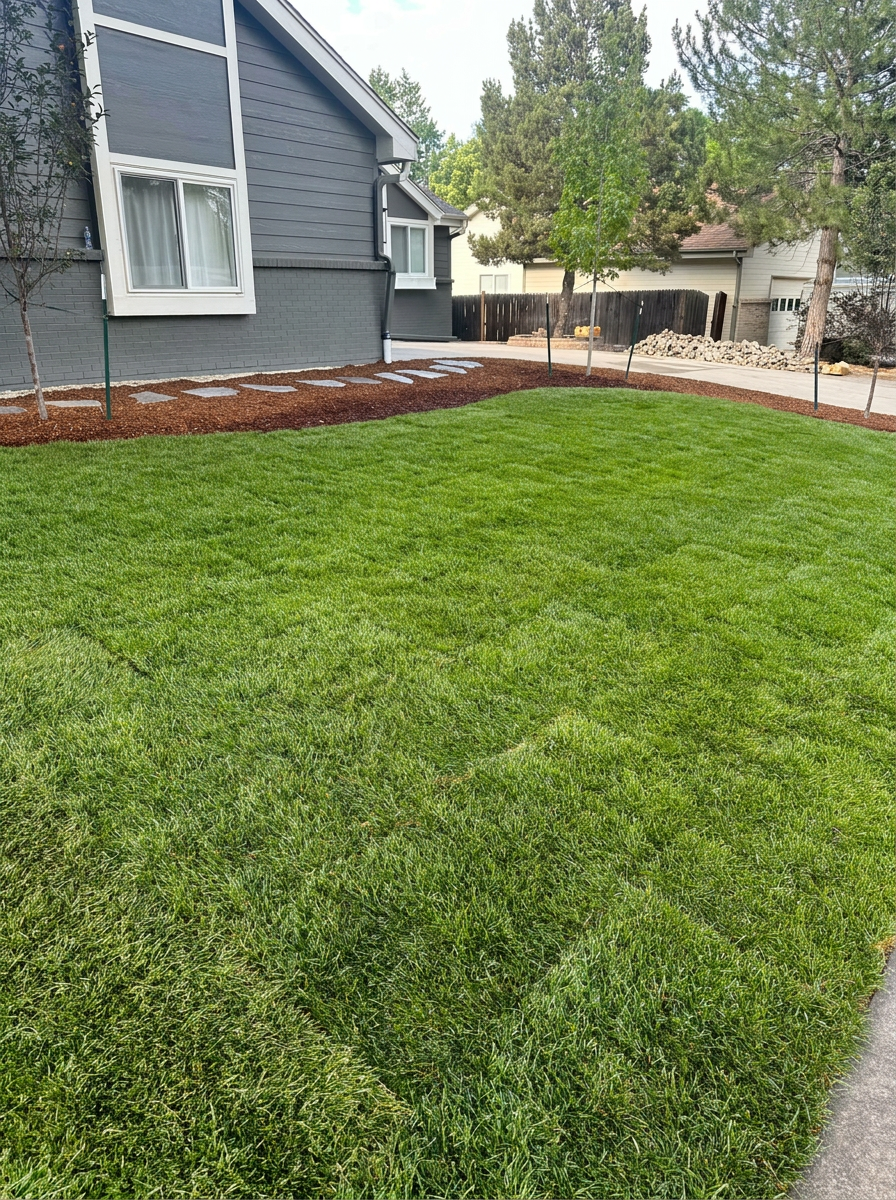 Fresh sod installation with mulch beds and stepping stones in a Colorado front yard