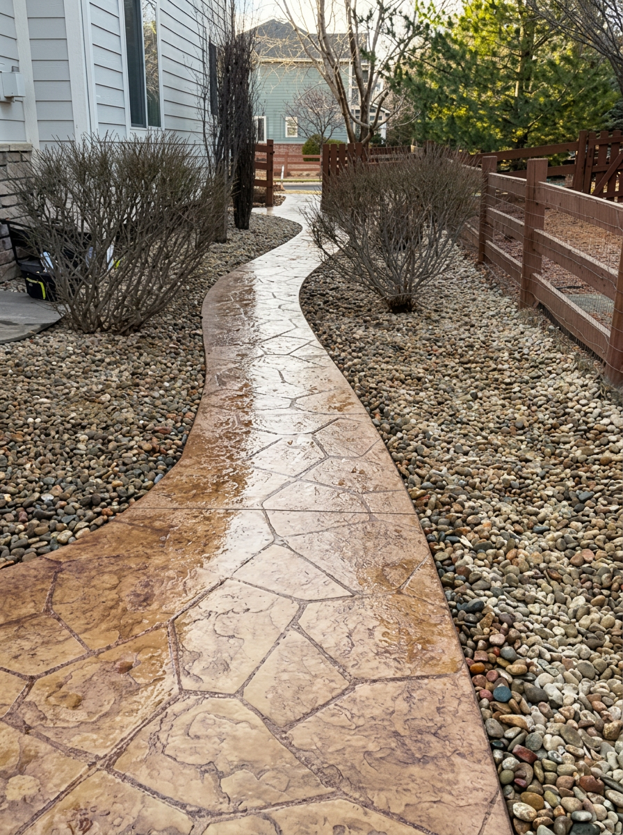 Curved stamped-concrete walkway through river-rock landscaping beside a Colorado home